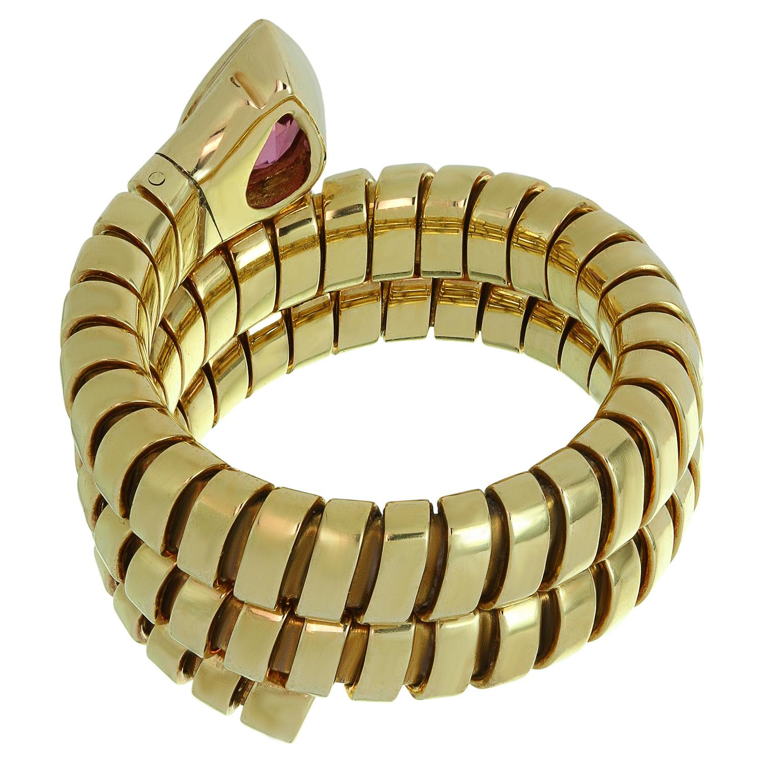 Pear Cut Bvlgari Tubogas Serpenti Pink Tourmaline 18k Yellow Gold 3-Row Ring For Sale