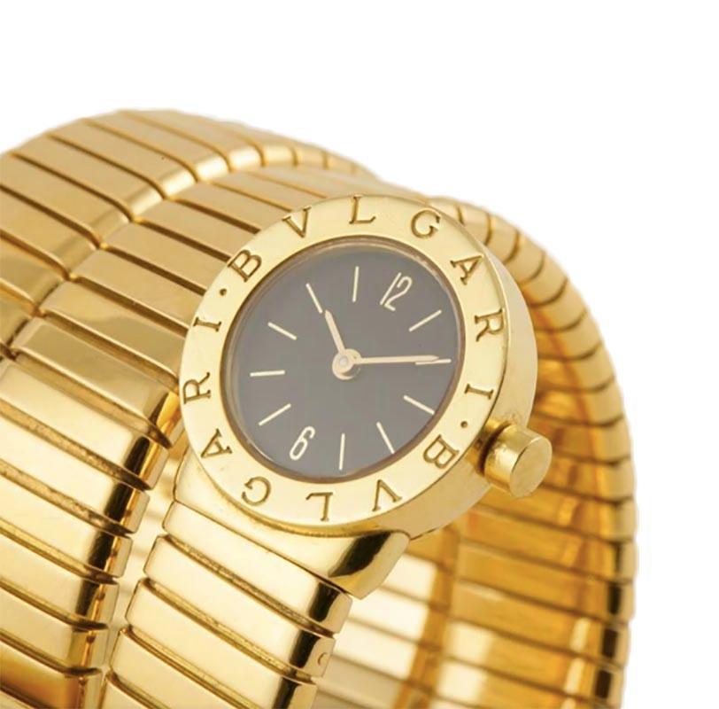 RETAIL PRICE: $38,000.00            BRILLIANCE PRICE: $18,000.00

Beautiful wrap around watch in pristine conditions, with no dents or scratches on original Bvlgari box.
The 18k gold case with a snap-on case back is stamped with the maker's mark, a