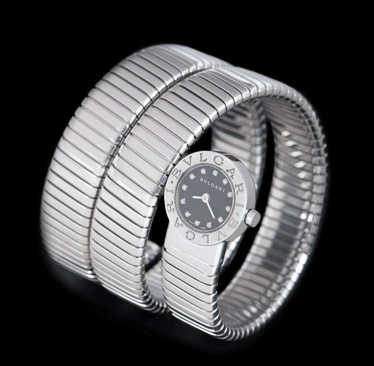 Round Cut Bvlgari Tubogas Snake Bracelet Stainless Steel Black Diamond Dial BB 19 1TS