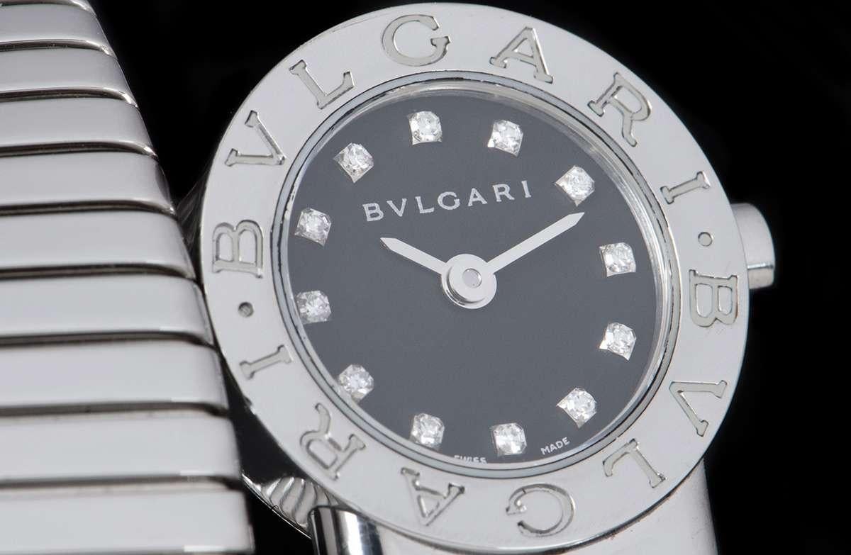 Bvlgari Tubogas Snake Bracelet Stainless Steel Black Diamond Dial BB 19 1TS In Excellent Condition In London, GB