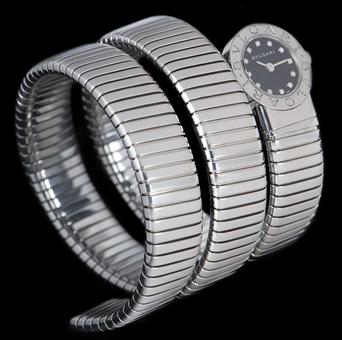 Bvlgari Tubogas Snake Bracelet Stainless Steel Black Diamond Dial BB 19 1TS 1