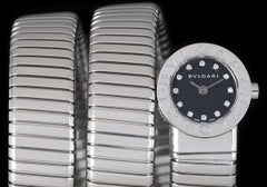 Bvlgari Tubogas Snake Bracelet Stainless Steel Black Diamond Dial BB 19 1TS