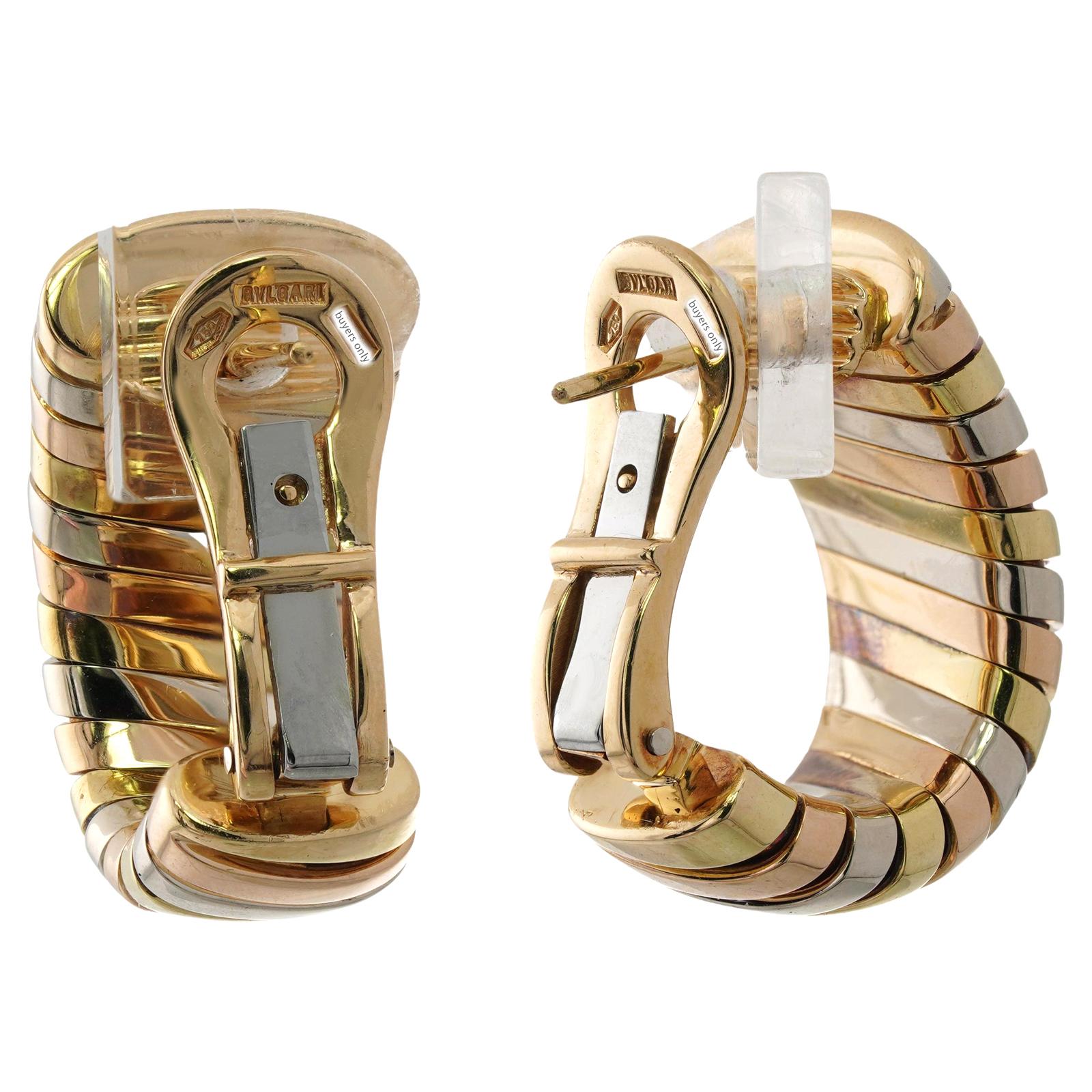 BVLGARI Tubogas Tri-Color 18k Gold Wrap Earrings In Excellent Condition In New York, NY