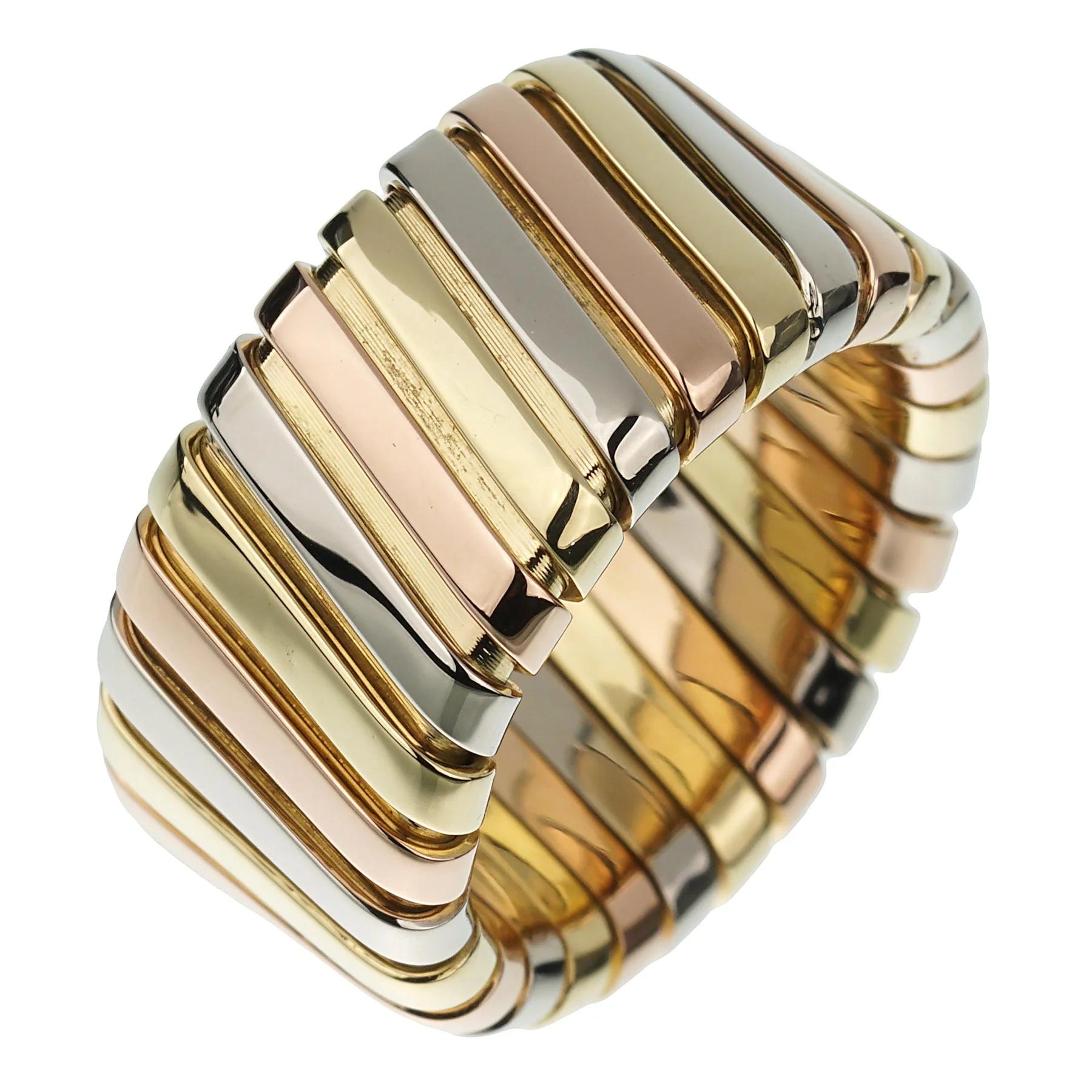 Bvlgari Tubogas Wide White Yellow Rose Gold Band Ring In Excellent Condition In Feasterville, PA