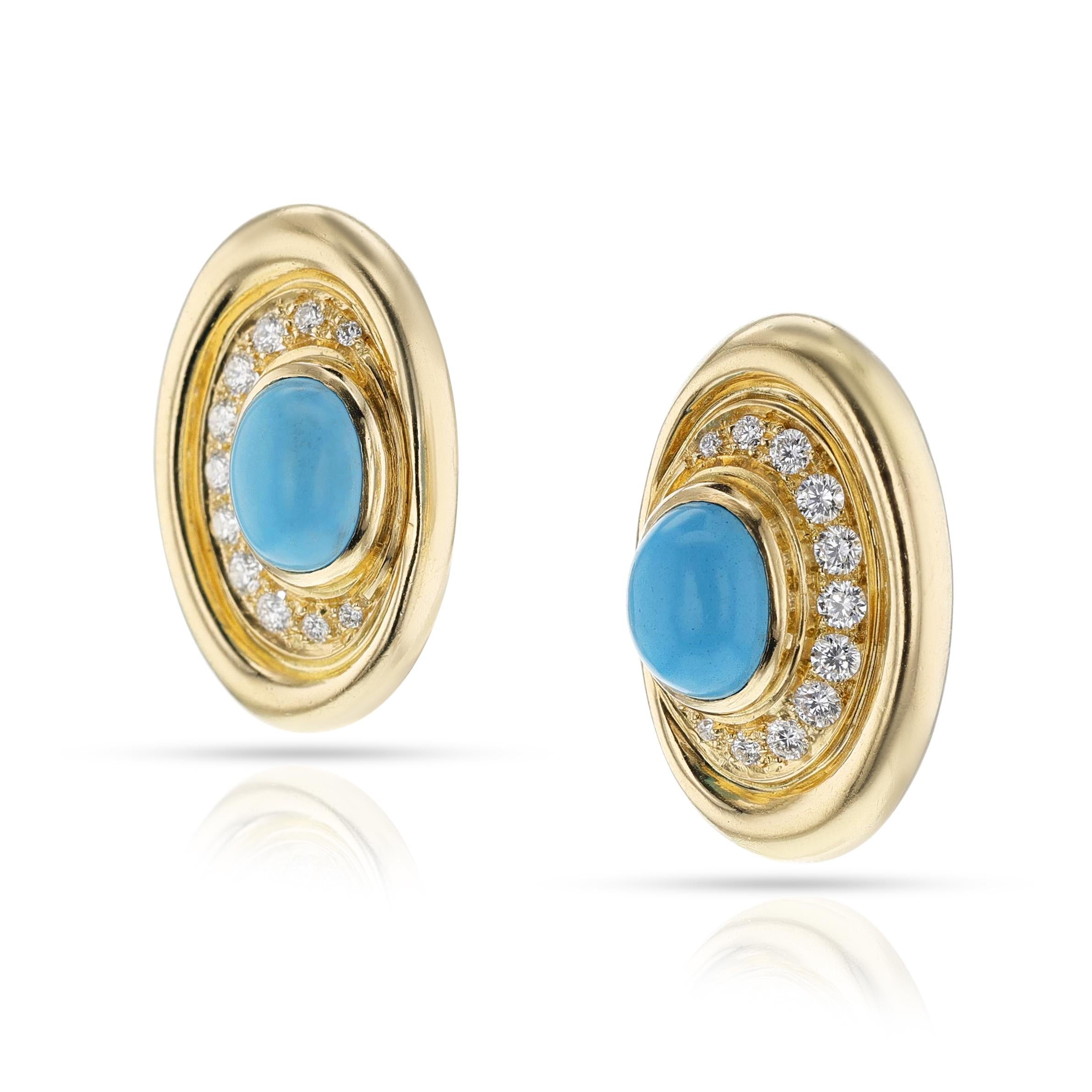 BVLGARI Boucles d'oreilles en turquoise cabochon et diamants, 18 carats Unisexe en vente