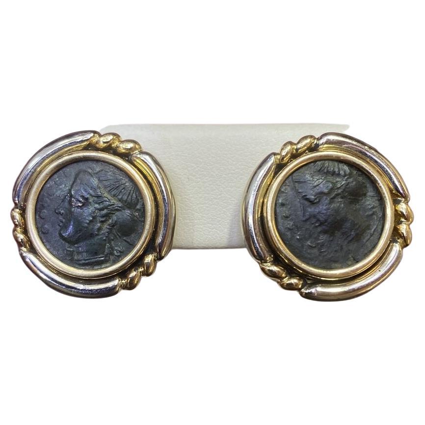 Bvlgari Two Tone 18k Gold Ancient Roman Coin Earrings For Sale