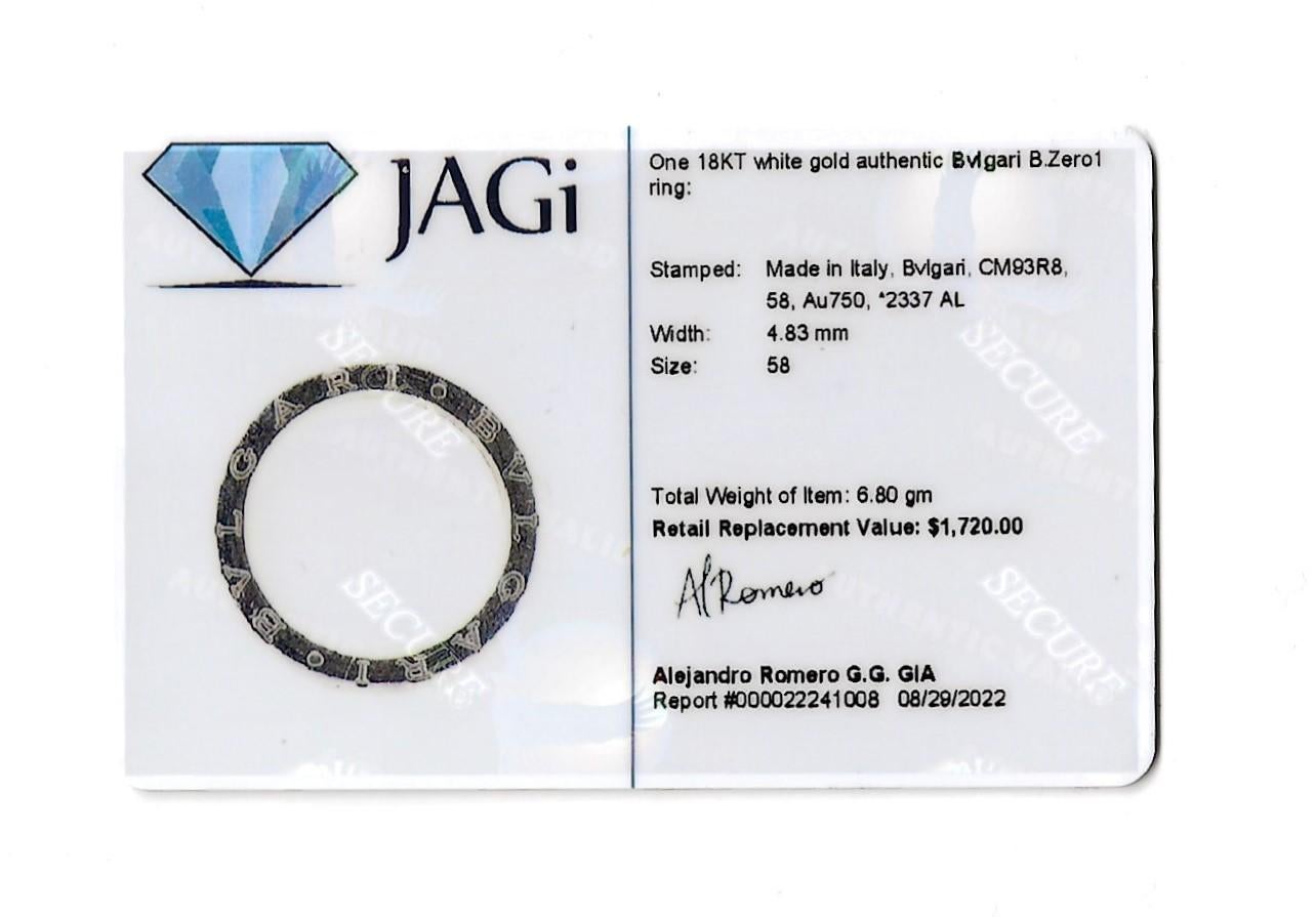 Bvlgari Unisex B.Zero1 Logo Etched Band Ring in Polished 18 Karat White Gold 58 For Sale 11