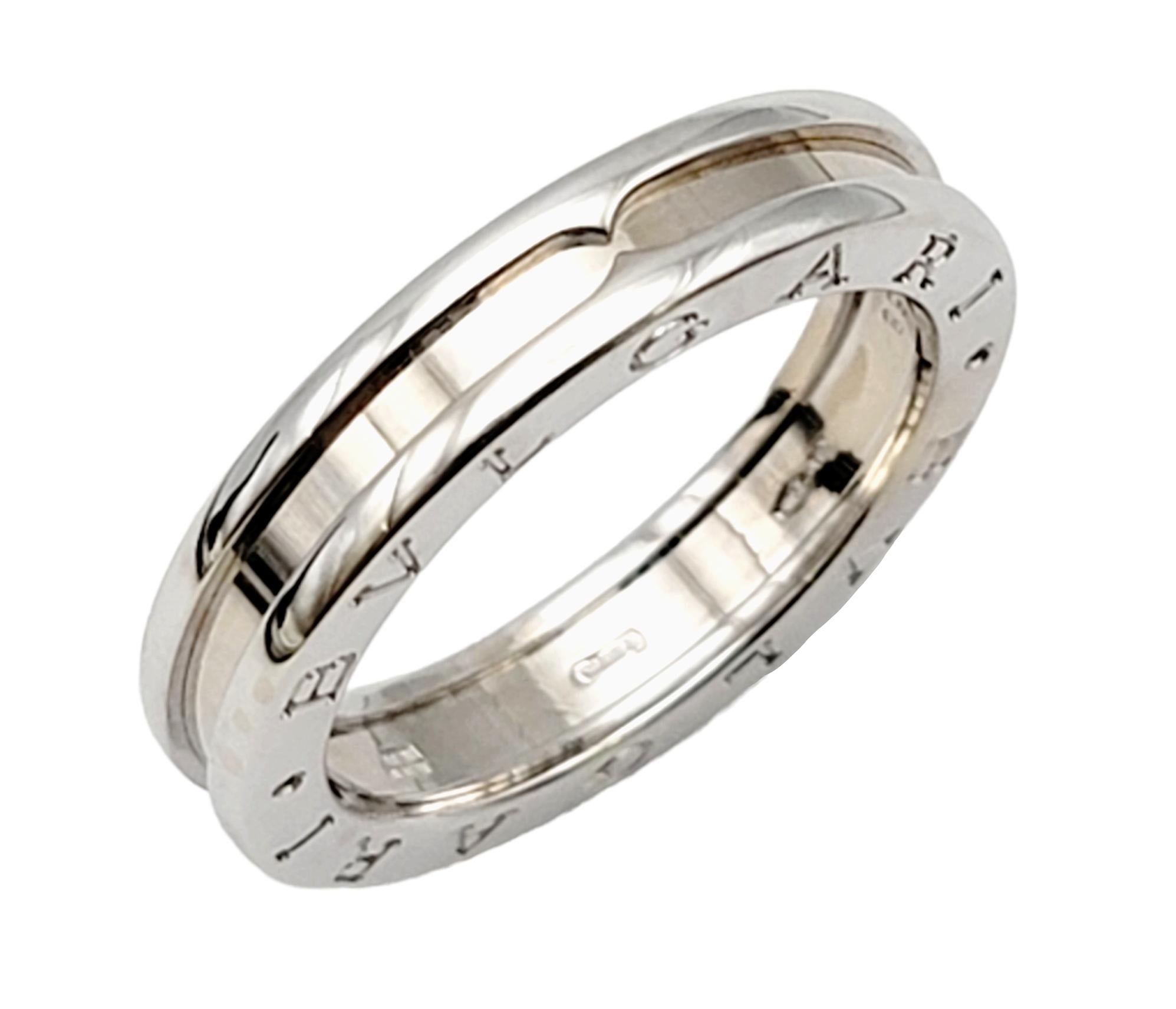 Contemporary Bvlgari Unisex B.Zero1 Logo Etched Band Ring in Polished 18 Karat White Gold 58 For Sale