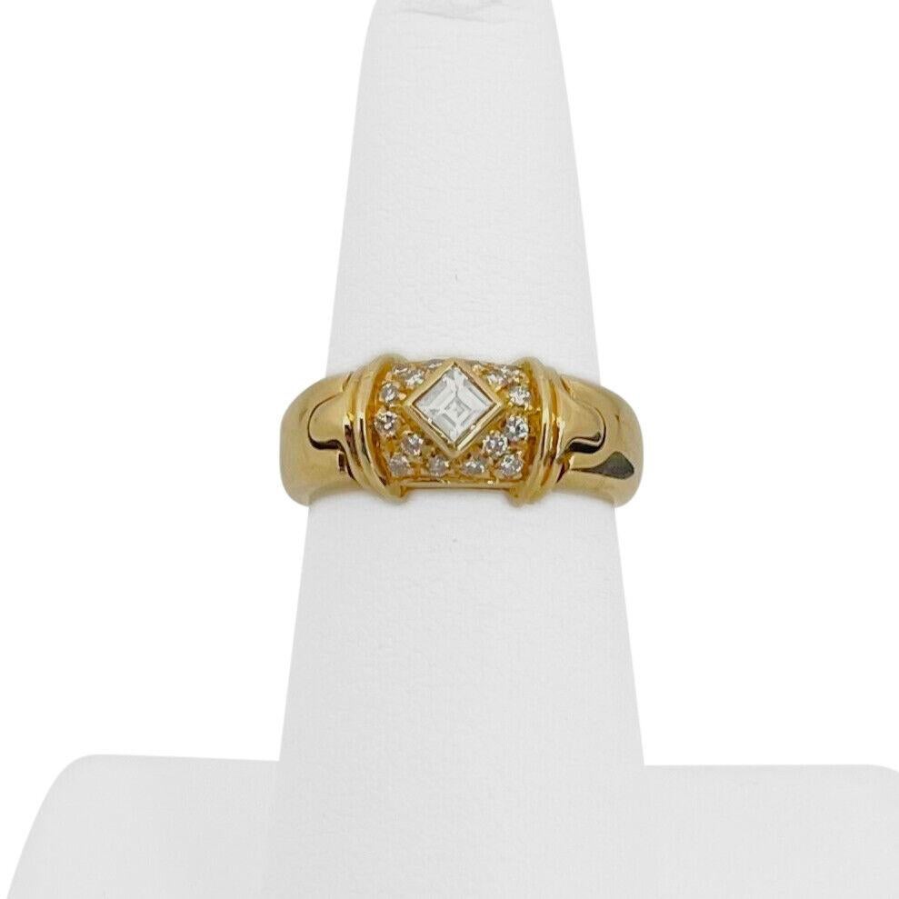 Bvlgari Vintage 18k Yellow Gold and VVS Diamond Ring Italy Size 6

Condition:  Excellent Condition, Professionally Cleaned and Polished
Metal:  18k Gold (Marked, and Professionally Tested)
Weight:  9.5g
Center Diamond	Square Emerald Cut Diamond: 