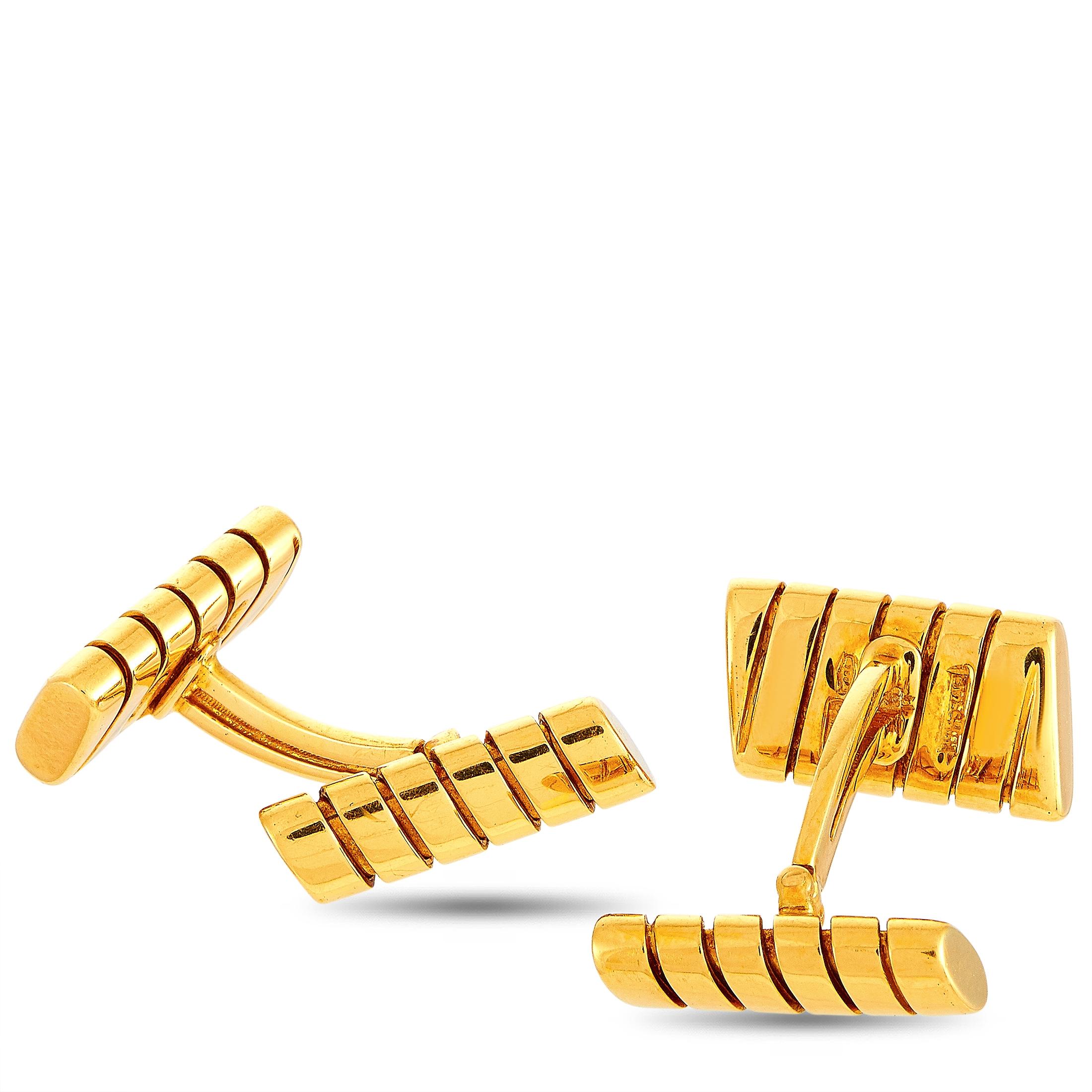These vintage Bvlgari cufflinks are made of 18K yellow gold and each weighs 6.5 grams. The cufflinks measure 0.65” in length and 0.37” in width.
 
 The pair is offered in estate condition and includes the manufacturer’s box.