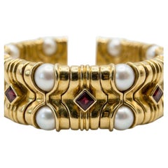 Bvlgari Vintage 18K Yellow Gold Pearl and Ruby Rare Cuff Bracelet Estate