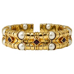 Bvlgari Vintage 18K Yellow Gold Pearl and Ruby Rare Cuff Bracelet Estate