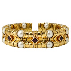 Bvlgari Vintage 18K Oro Amarillo Perla y Rubí Raro Brazalete Estate