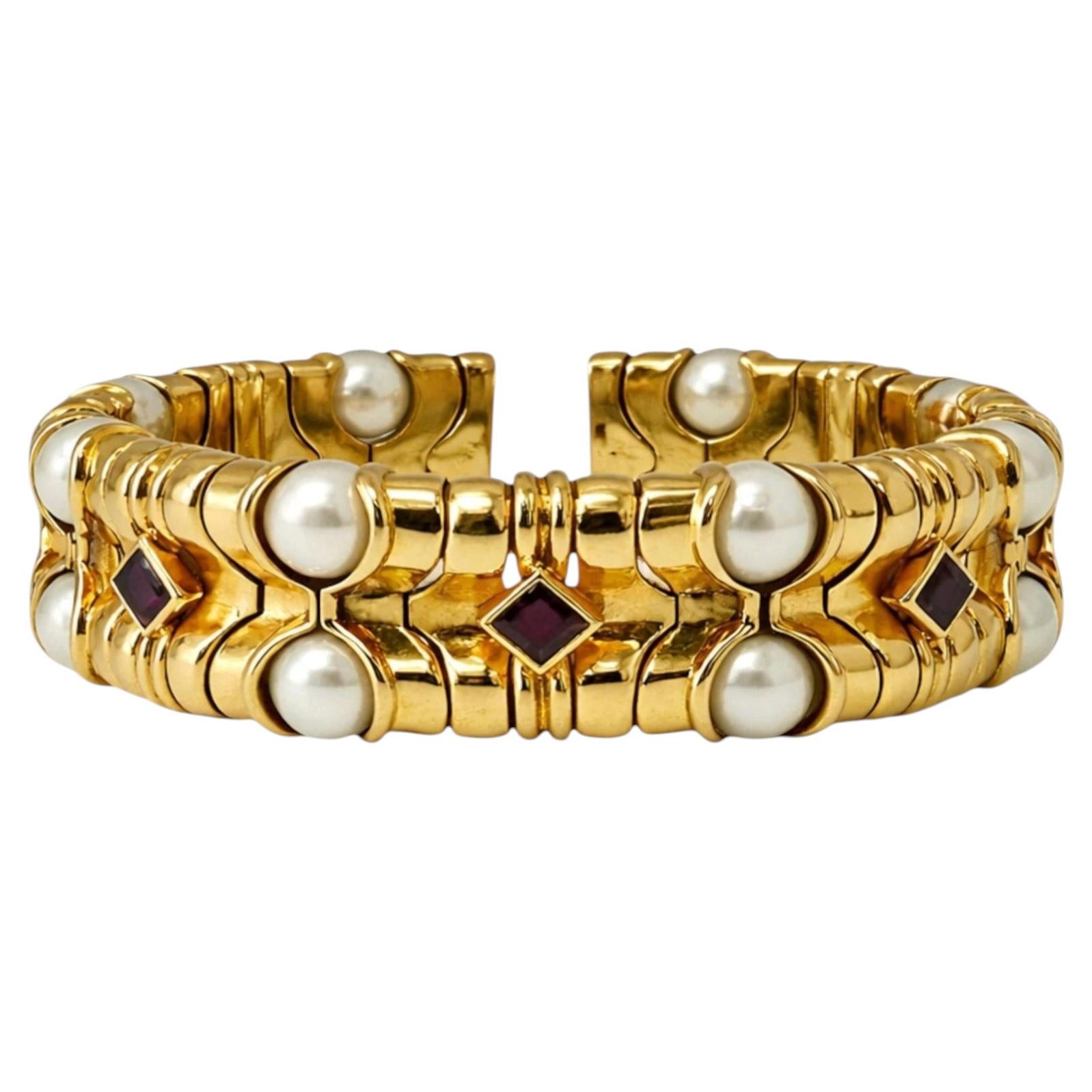 Pre-owned Bulgari Bvlgari Vintage 18k Yellow Gold Pearl And Ruby Rare Cuff Bracelet Estate