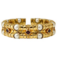 Bvlgari Vintage 18K Oro Amarillo Perla y Rubí Raro Brazalete Estate