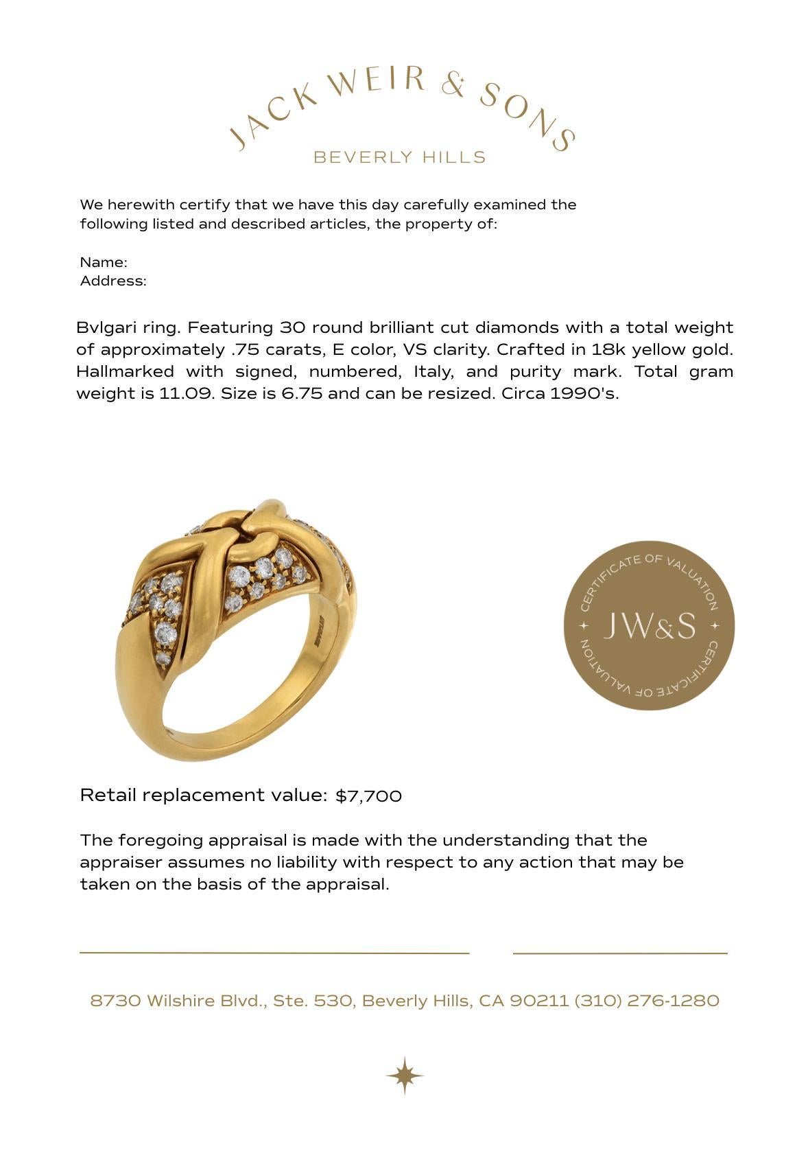 Women's Bvlgari vintage diamond 18k yellow gold ring For Sale