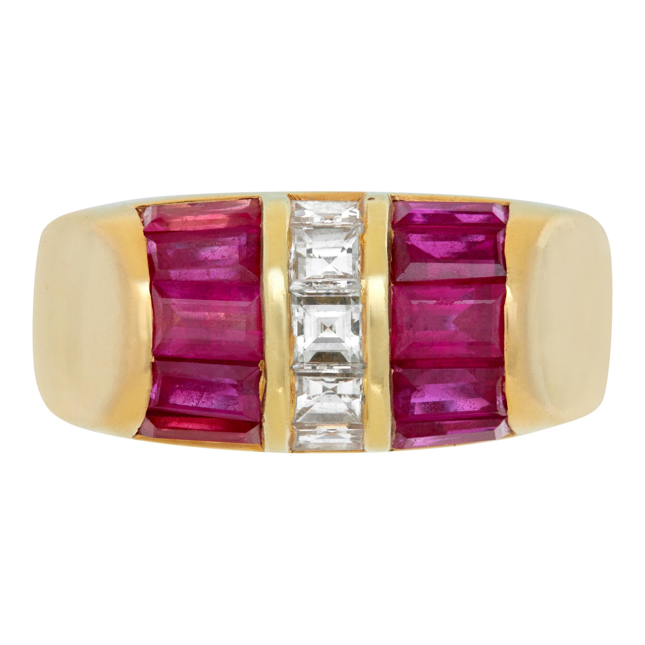 Vintage Bvlgari ruby & diamond ring in 18k yellow gold. 5 emerald cut diamonds (approx. 0.50 carat), F-G color, VVS-VS clarity. 10 baguette rubies (approximately 1.50 carat). Ring size 5.This Bvlgari ring is currently size 5 and some items can be