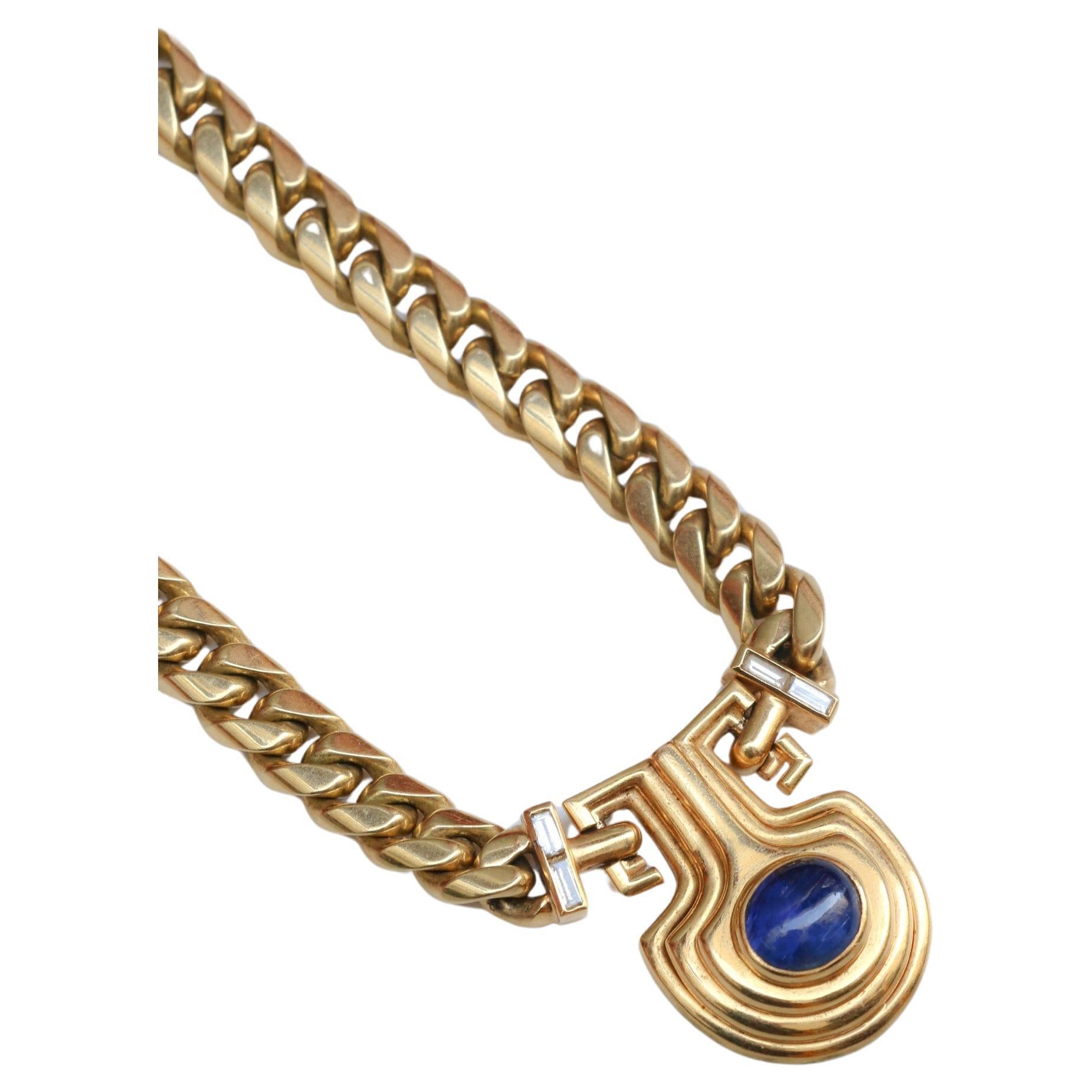 BVLGARI Vintage gold, diamonds and sapphire cabochon necklace For Sale