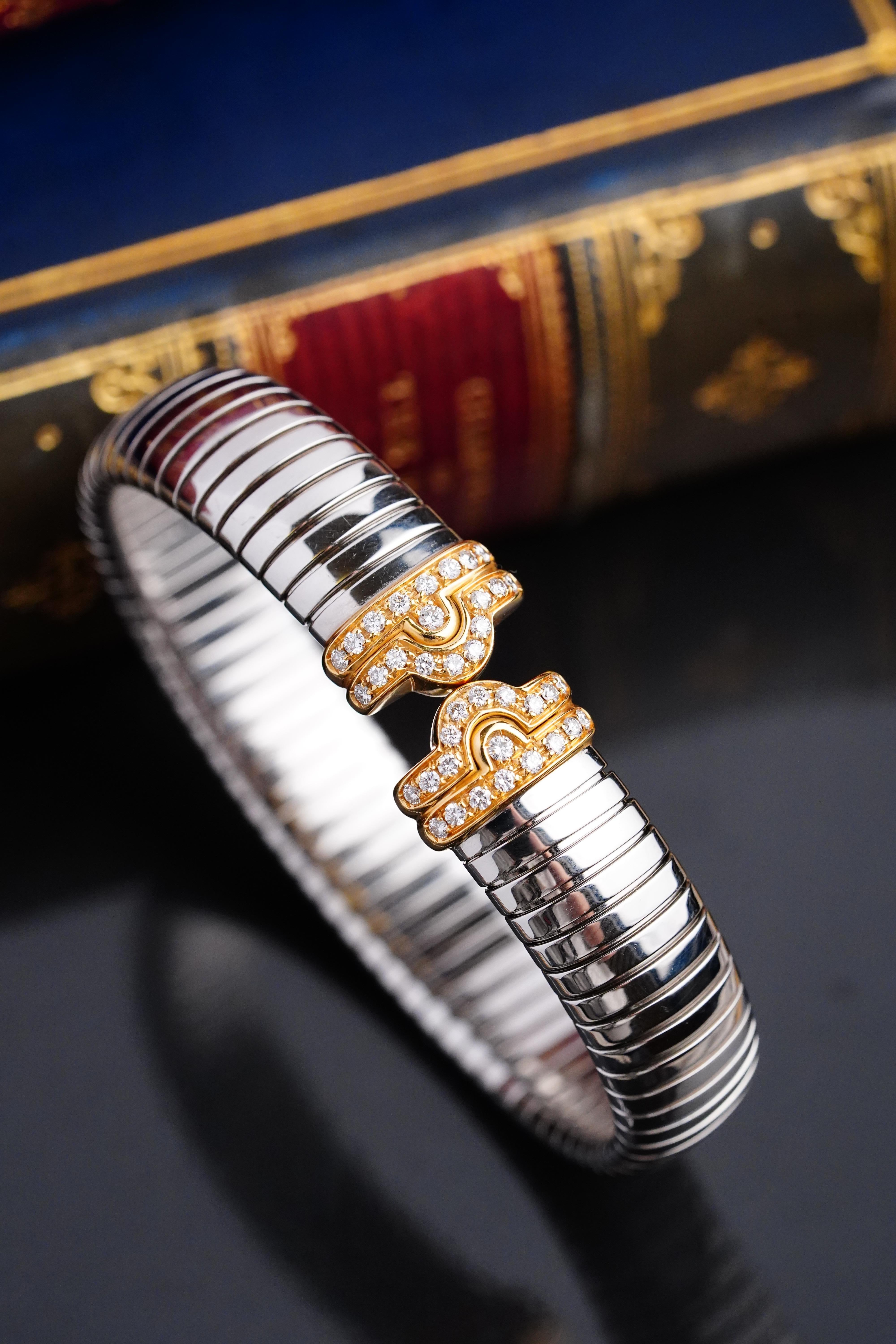 Bvlgari Vintage Parentesi Tubogas Diamond Yellow Gold Stainless Steel Bangle In Excellent Condition For Sale In London, GB