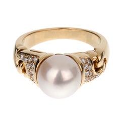Bvlgari Vintage Pearl Diamond 18k Yellow Gold Cocktail Ring Sz 5 3/4