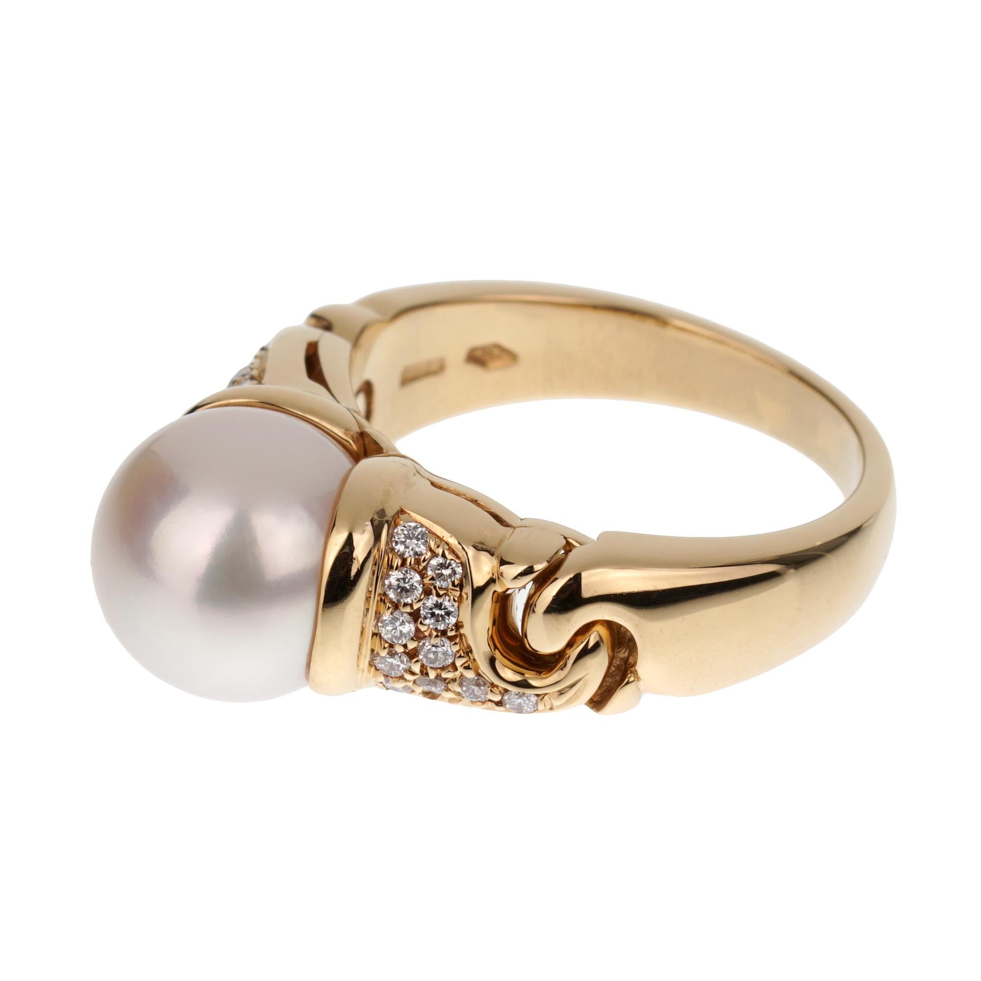 Taglio rotondo Bvlgari Anello Cocktail Perla Vintage Diamante Oro Giallo 18k Sz 5 3/4 in vendita