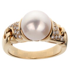 Bvlgari, bague cocktail vintage en or jaune 18 carats avec perles et diamants, taille 5 3/4