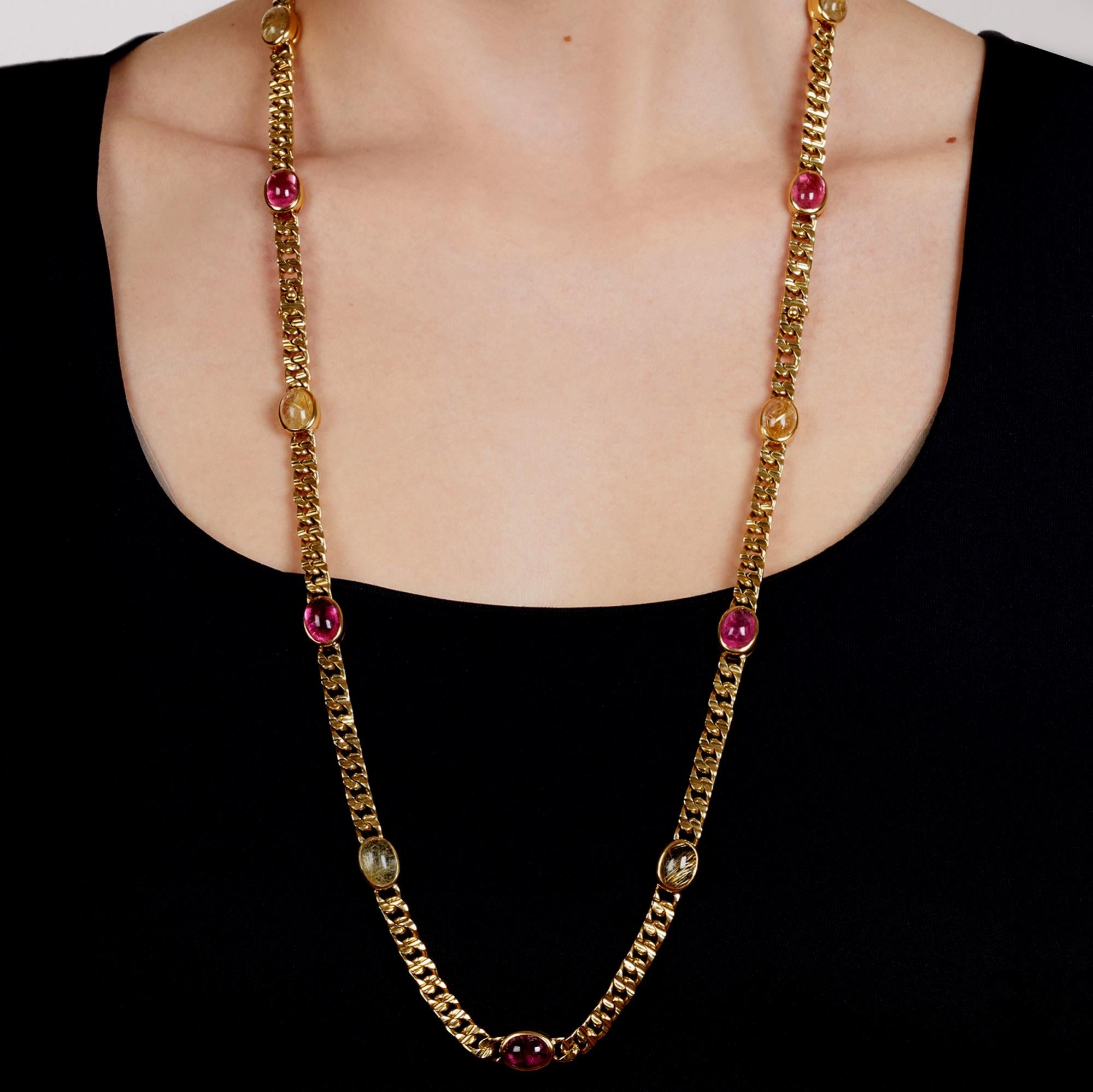 Bvlgari Vintage Halskette aus Gelbgold mit rosa Turmalin und Sautoir (Cabochon) im Angebot