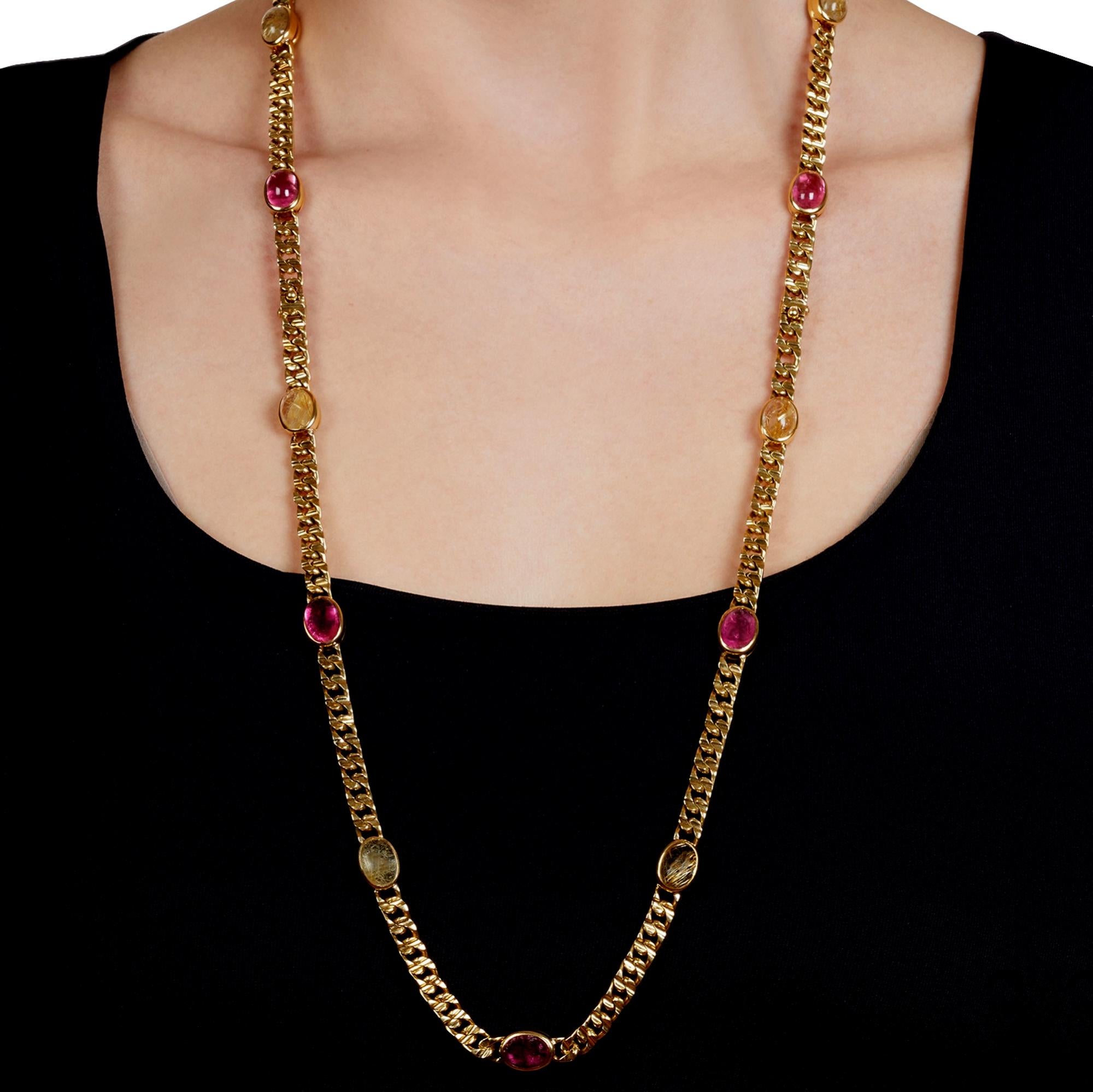 Bvlgari Vintage Pink Tourmaline Sautoir Yellow Gold Necklace In Good Condition For Sale In Feasterville, PA