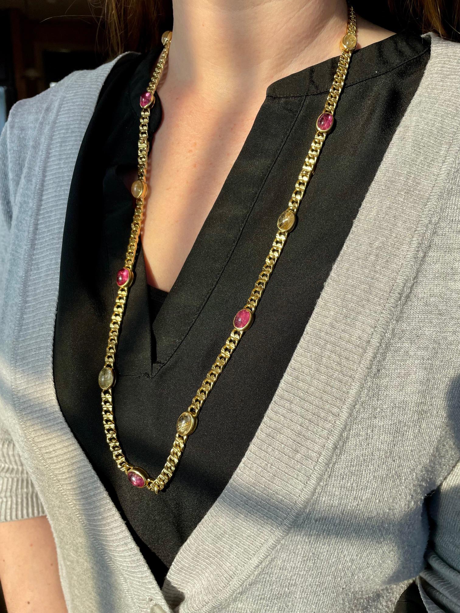Bvlgari Vintage Halskette aus Gelbgold mit rosa Turmalin und Sautoir für Damen oder Herren im Angebot
