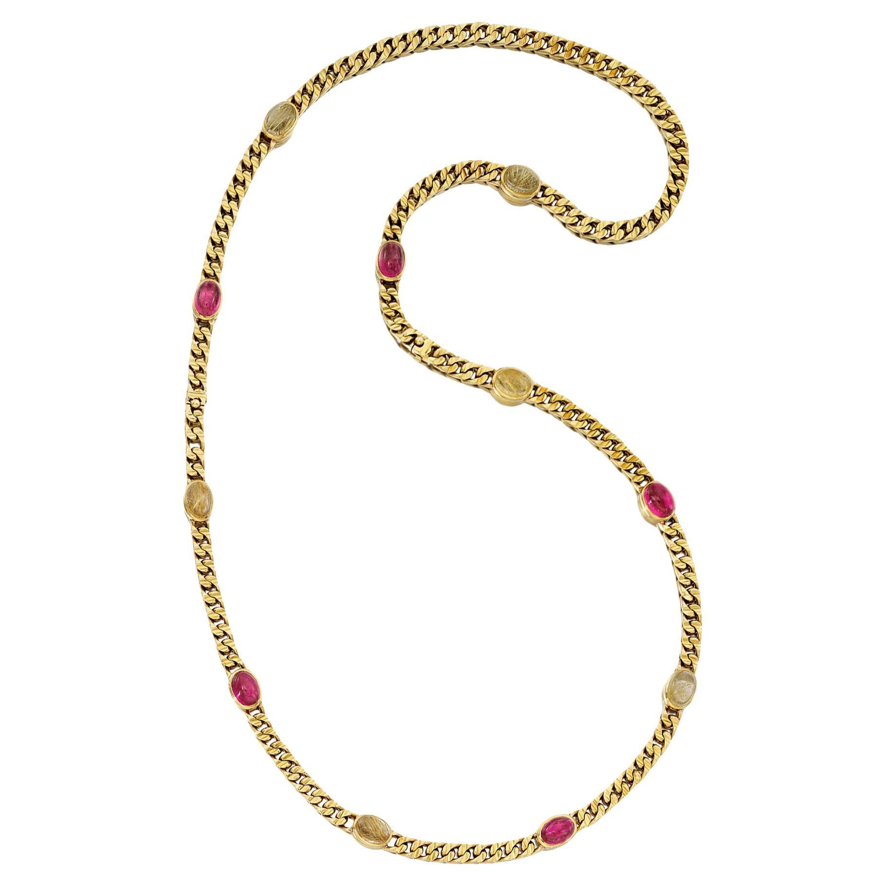 Bvlgari Vintage Halskette aus Gelbgold mit rosa Turmalin und Sautoir im Angebot