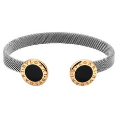 Bvlgari Vintage Silver Tone Mesh Black Enamel Designer Labeled Cuff Bracelet