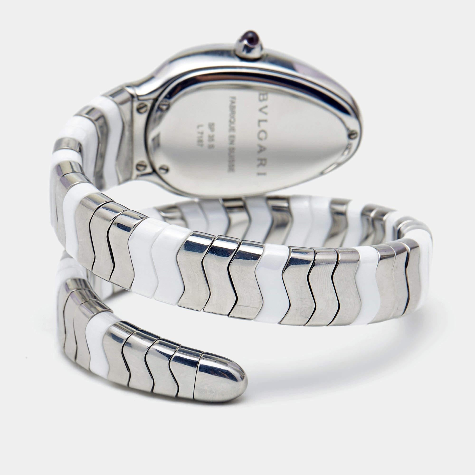 If you're looking for a stylish and unique watch, then opt for this artistic Bvlgari Serpenti Spiga wristwatch. Designed to represent the fluid shape of the serpent, this piece features a white dial with steel hands & markers inside the stainless