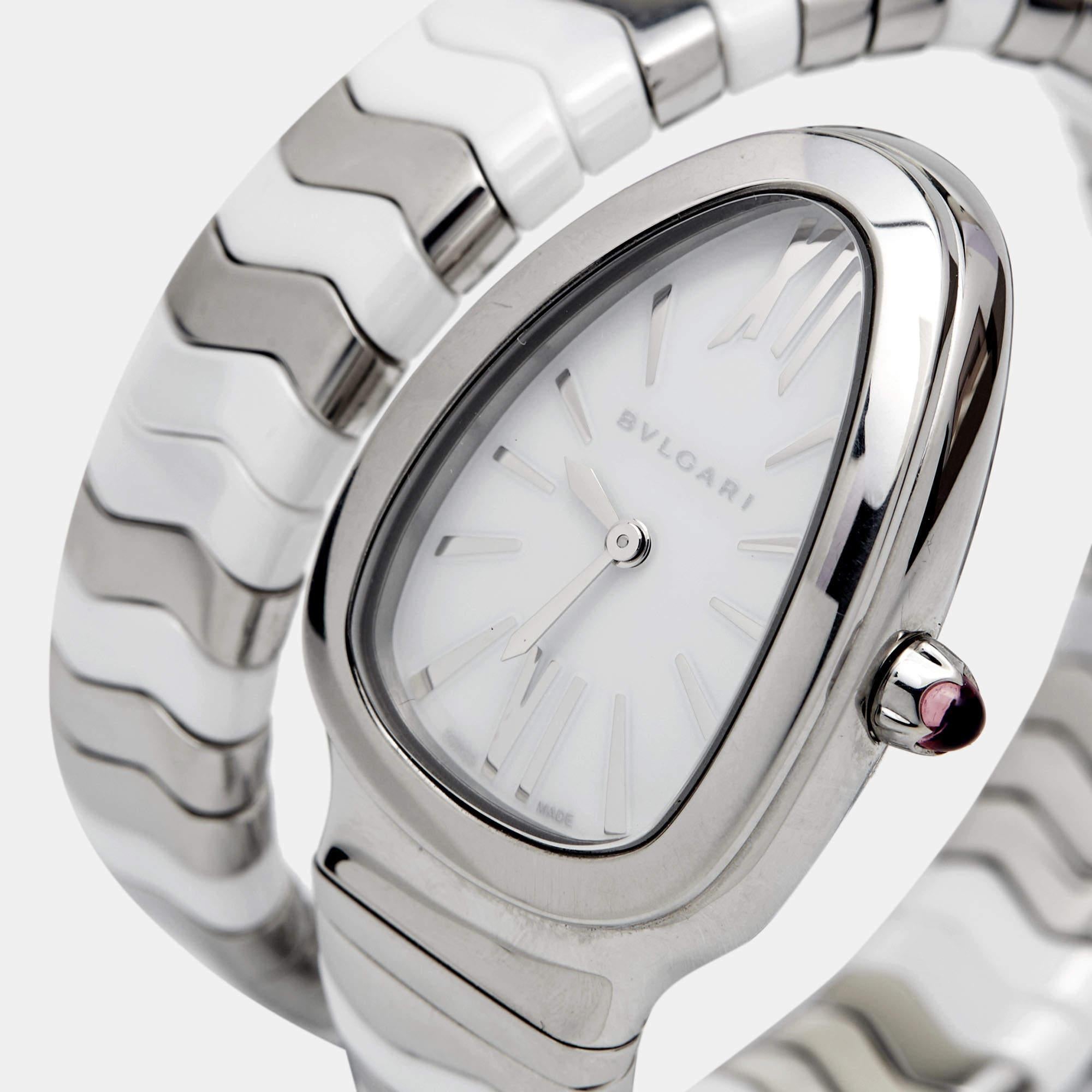 Bvlgari White Ceramic Stainless Serpenti Spiga 102182 Women's Wristwatch 35 mm In Good Condition In Dubai, Al Qouz 2