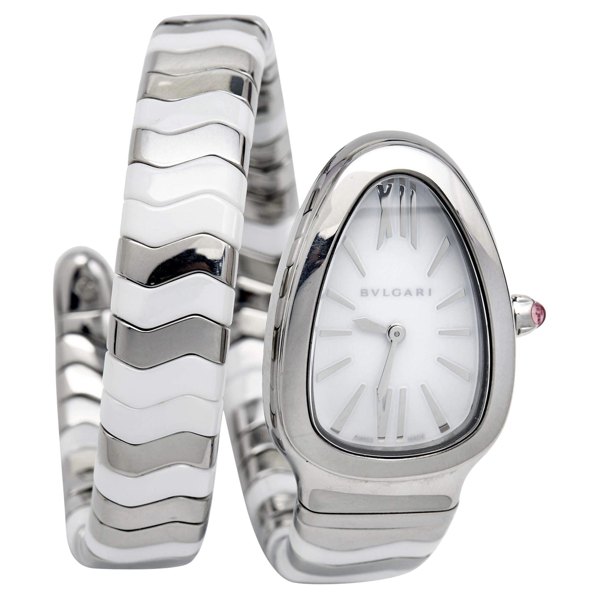 Bvlgari White Ceramic Stainless Serpenti Spiga 102182 Women's Wristwatch 35 mm