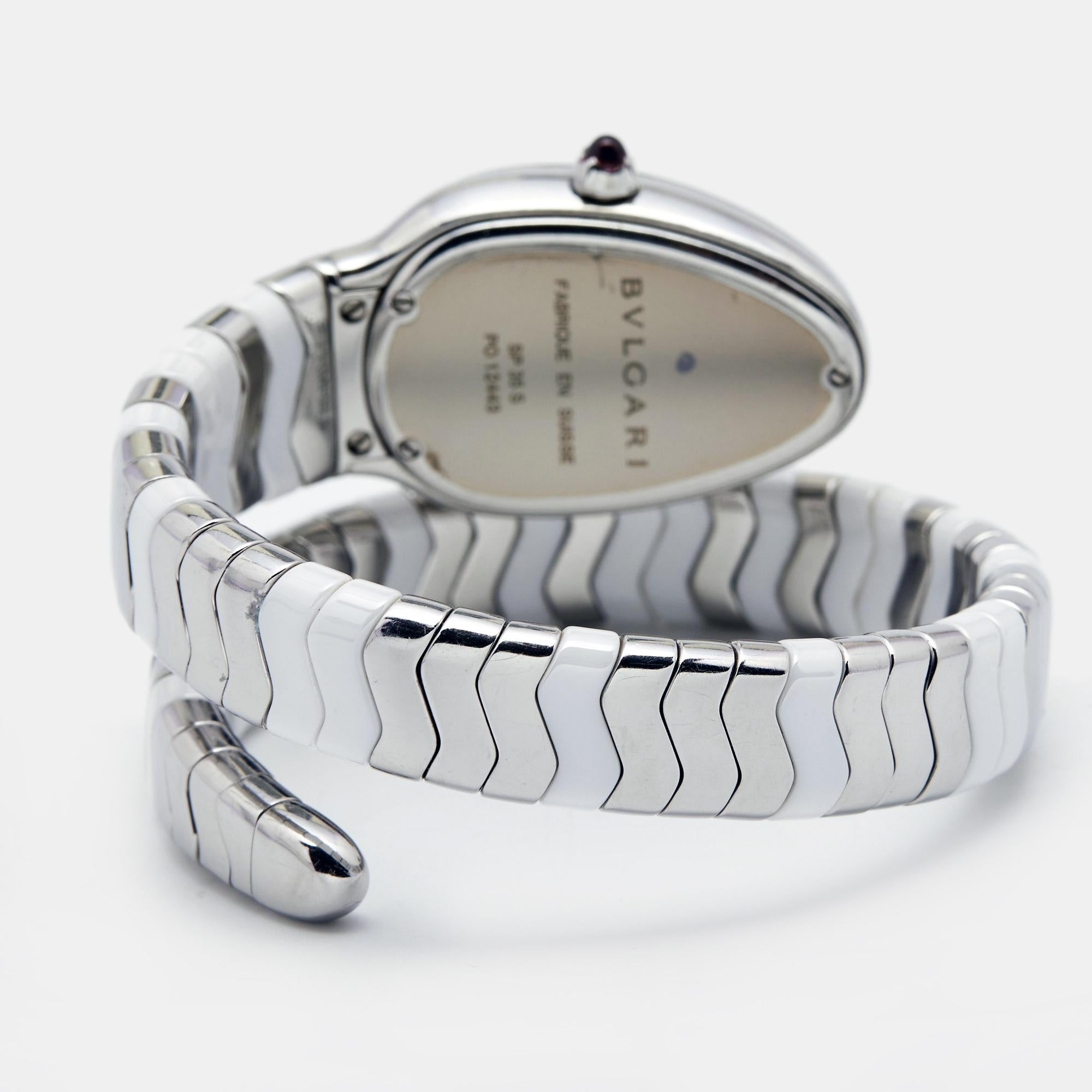 Exuding glamour and unique style, the wristwatch showcases Bvlgari's iconic design, the Serpenti. The spiraled stainless steel body featuring fine lines represents the sensual curves of a woman, while its ends are designed as the head and tail of a