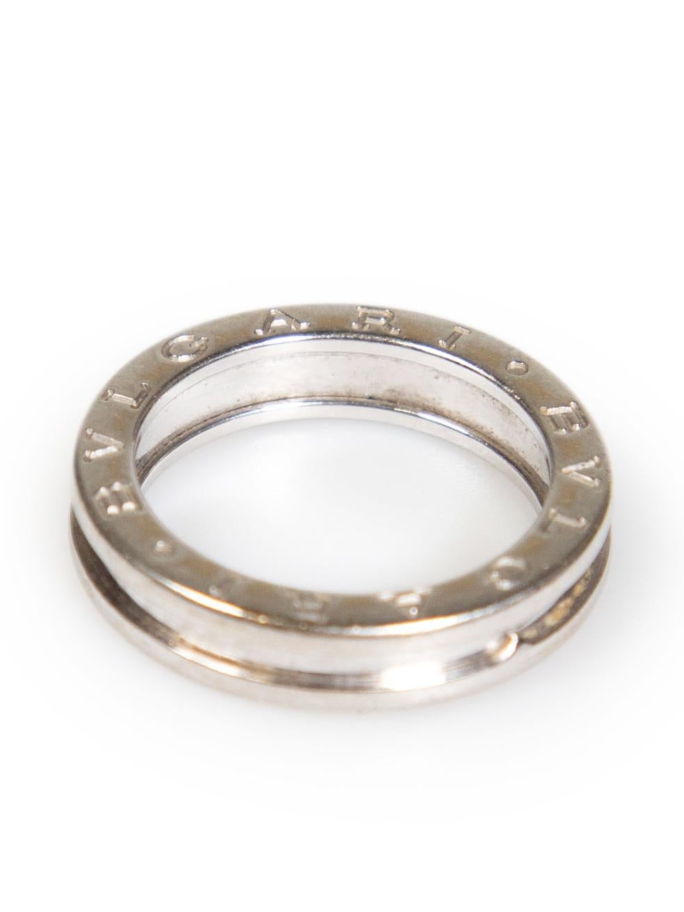 CONDITION is Very good. Minimal wear to ring is evident. Minimal wear to the metal with light scratches on this used Bvlgari designer resale item.
 
Details
Model: B.zero1
Silver
White gold
Ring
Engraved logo
 
Made in Italy
 
Composition
White