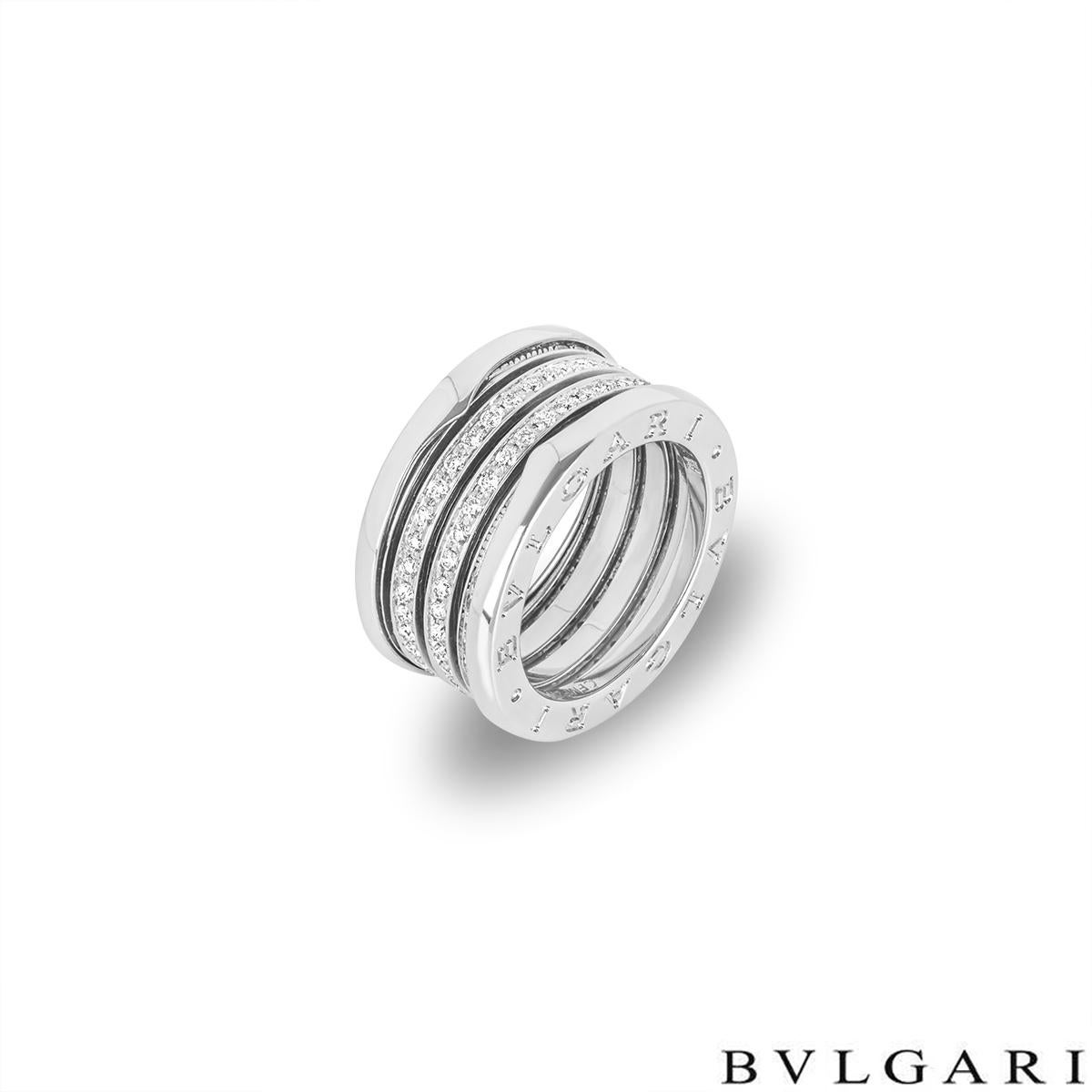 An intricate 18k white gold diamond ring by Bvlgari from the B.zero1 collection. The ring is composed of signature spirals pave set with round brilliant cut diamonds with an approximate weight of 0.80ct. The ring is further complemented with the