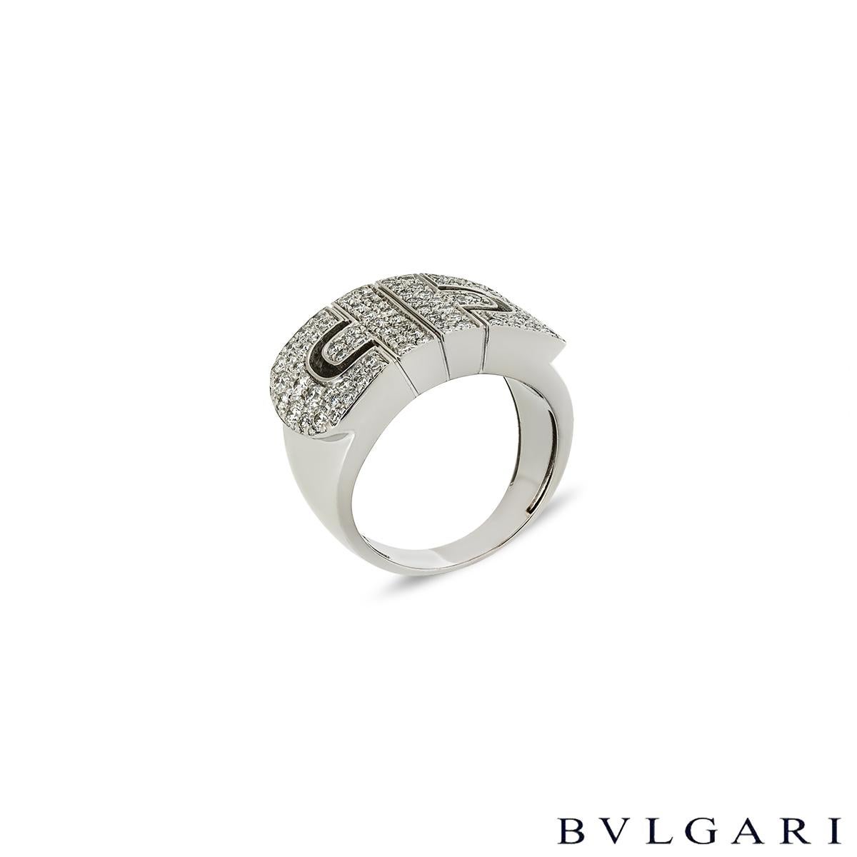 A lovely 18k white gold Parentesi Revolution ring by Bvlgari. The ring comprises of the Parentesi motif with diamonds in a pave setting. The ring is set with 88 round brilliant cut diamonds totalling approximately 1.14ct, G colour and VS clarity.