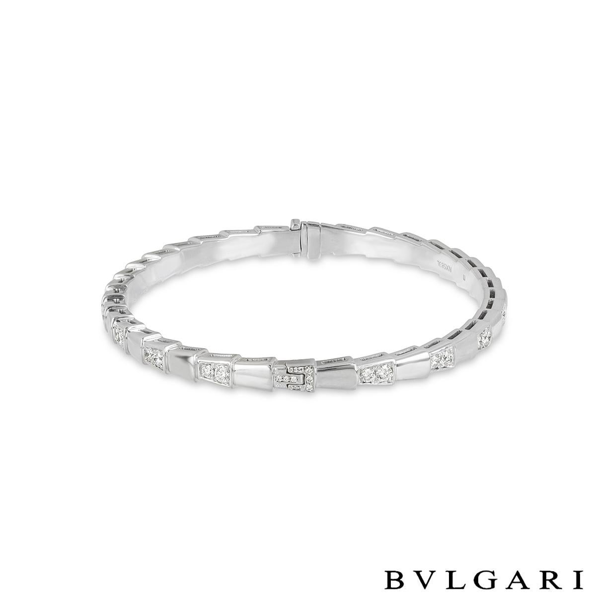 A stunning 18k white gold diamond bracelet by Bvlgari from the Serpenti collection. The bracelet is in the form of a serpent and beautifully alternates between high polish and diamond sections that evoke the viper's spiral move before it strikes.