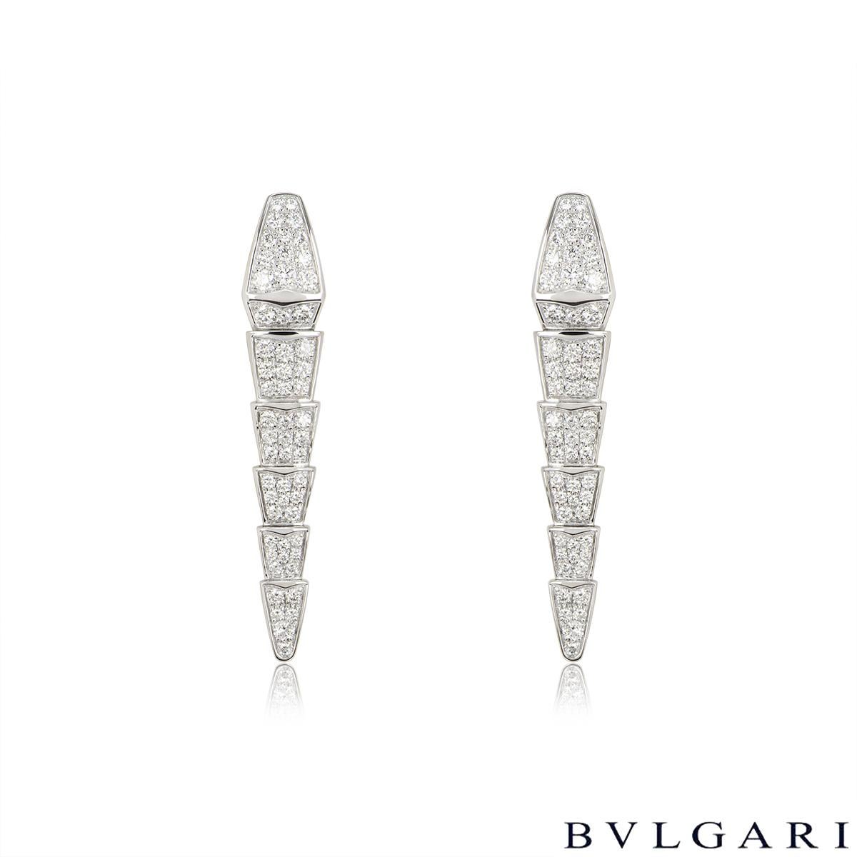 A stunning 18k white gold pair of diamond earrings by Bvlgari from the Serpenti Viper collection. The earrings are in the shape of the iconic Bvlgari Serpenti snake, each comprising of 6 flexible, graduating pave set intersections. There are 110