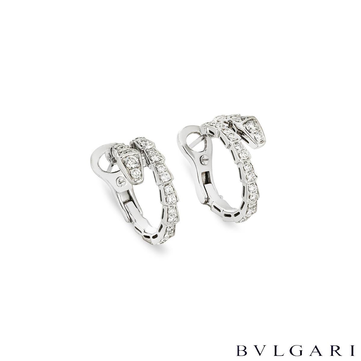 A stunning 18k white gold pair of diamond earrings by Bvlgari from the Serpenti Viper collection. The earrings are in the shape of the iconic Bvlgari Serpenti snake, each comprising of pave set intersections. There are a total of 56 round brilliant