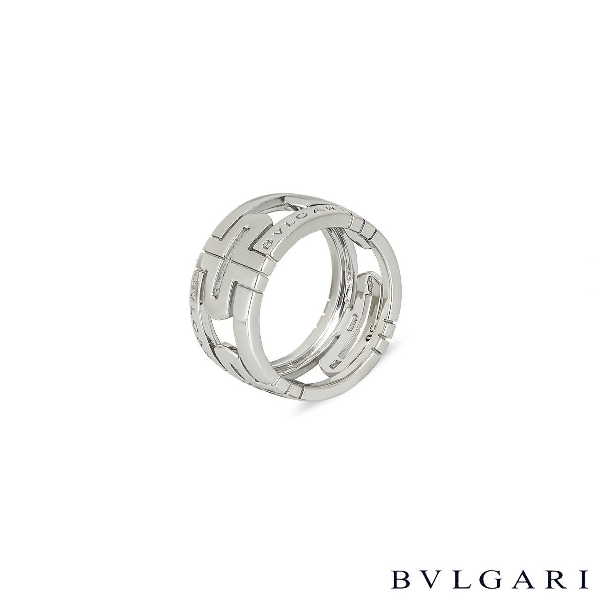 An 18k white gold Parentesi ring by Bvlgari. The ring features 4 lozenge-shaped panels illustrating the iconic Parentesi motif. The ring measures 11mm in width and is a size UK P - EU 56, with a gross weight of 11 grams.
 
Comes complete with a