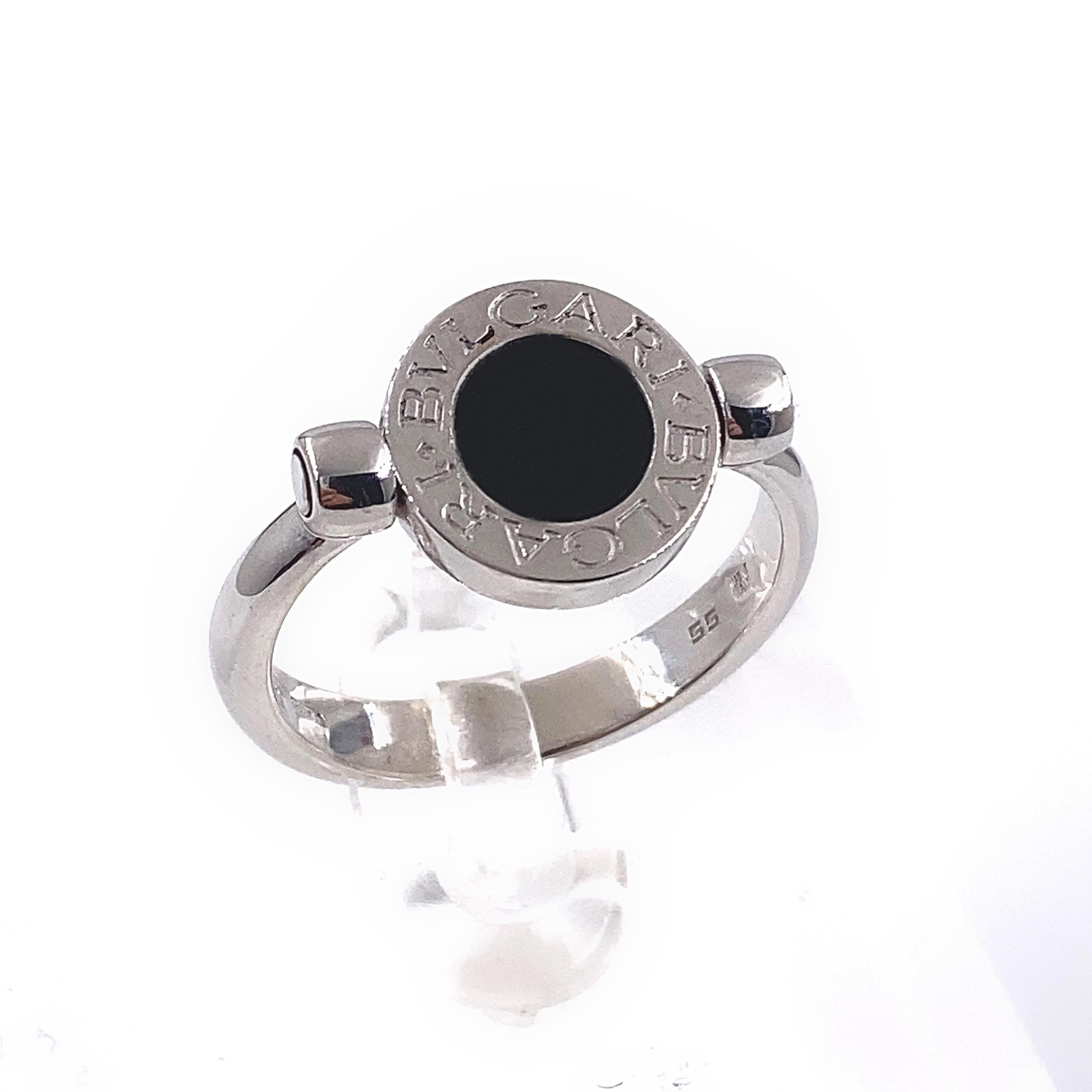 Women's or Men's Bvlgari White Gold Pave Diamond and Black Onyx Flip in 18kt Engagement Ring For Sale