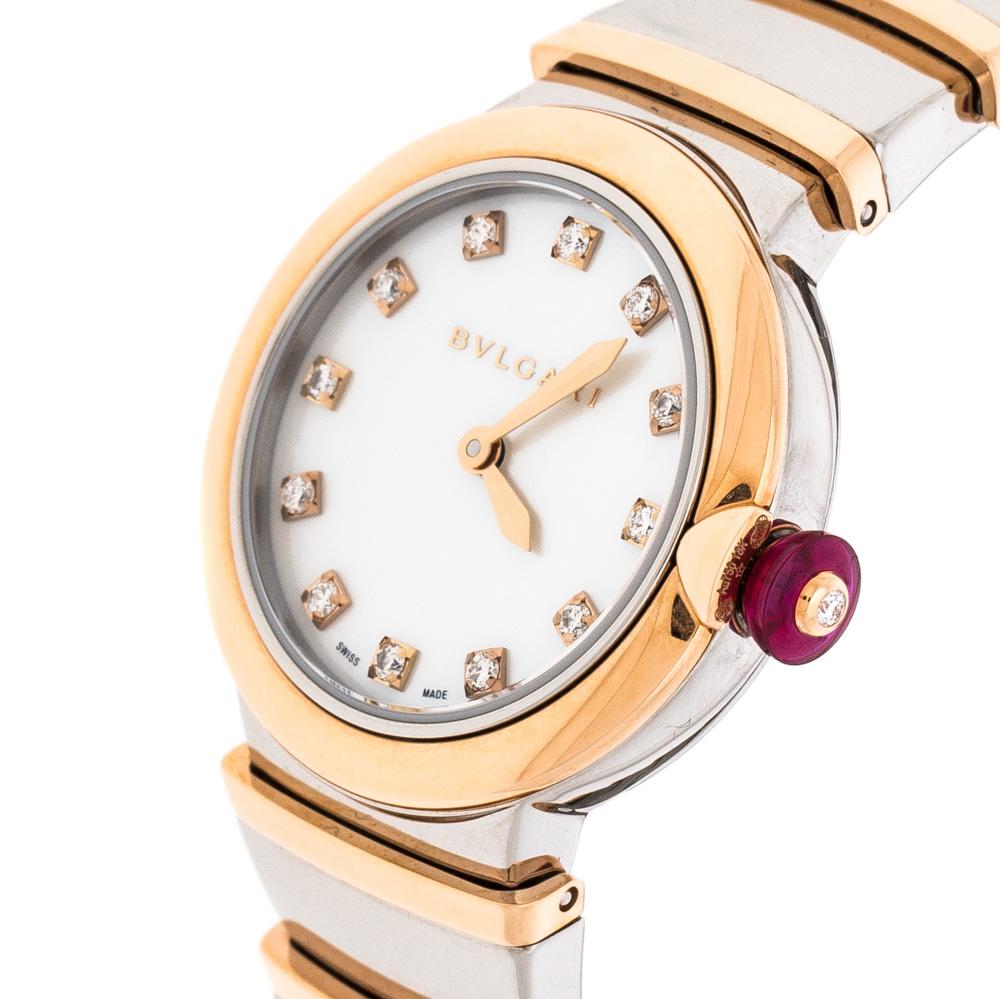 Bvlgari White Mother of Pearl 18K Rose Gold and Stainless Steel Wristwatch 28 mm 1