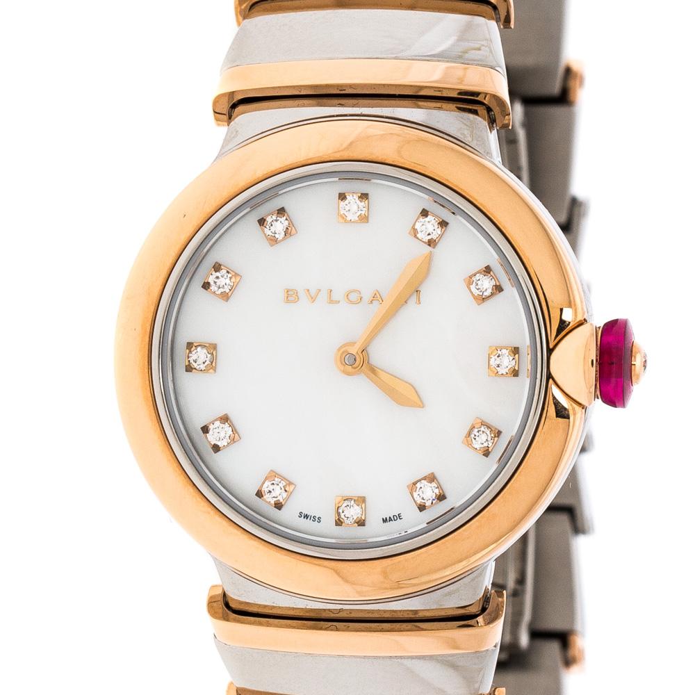 Bvlgari White Mother of Pearl 18K Rose Gold and Stainless Steel Wristwatch 28 mm 2