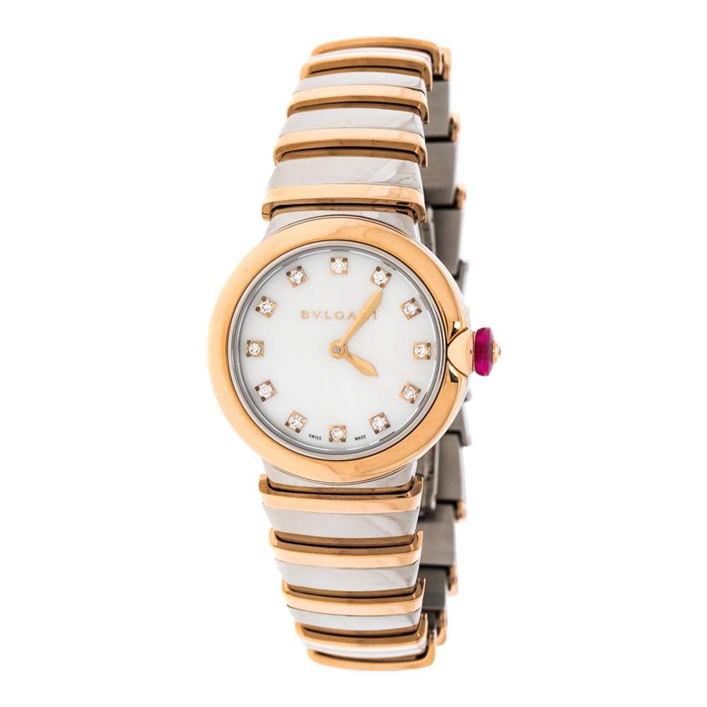 Bvlgari White Mother of Pearl 18K Rose Gold and Stainless Steel Wristwatch 28 mm