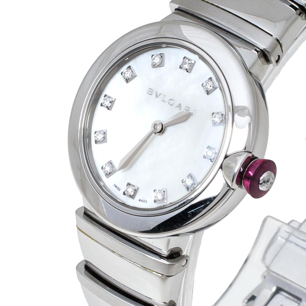 Contemporary Bvlgari White Mother of Pearl Stainless Steel LVCEA LU28S Womens Wristwatch 28mm