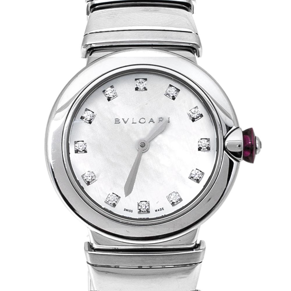 Antique Cushion Cut Bvlgari White Mother of Pearl Stainless Steel LVCEA LU28S Womens Wristwatch 28mm