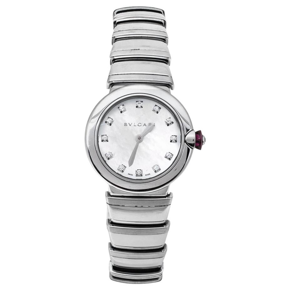 Bvlgari White Mother of Pearl Stainless Steel LVCEA LU28S Womens Wristwatch 28mm