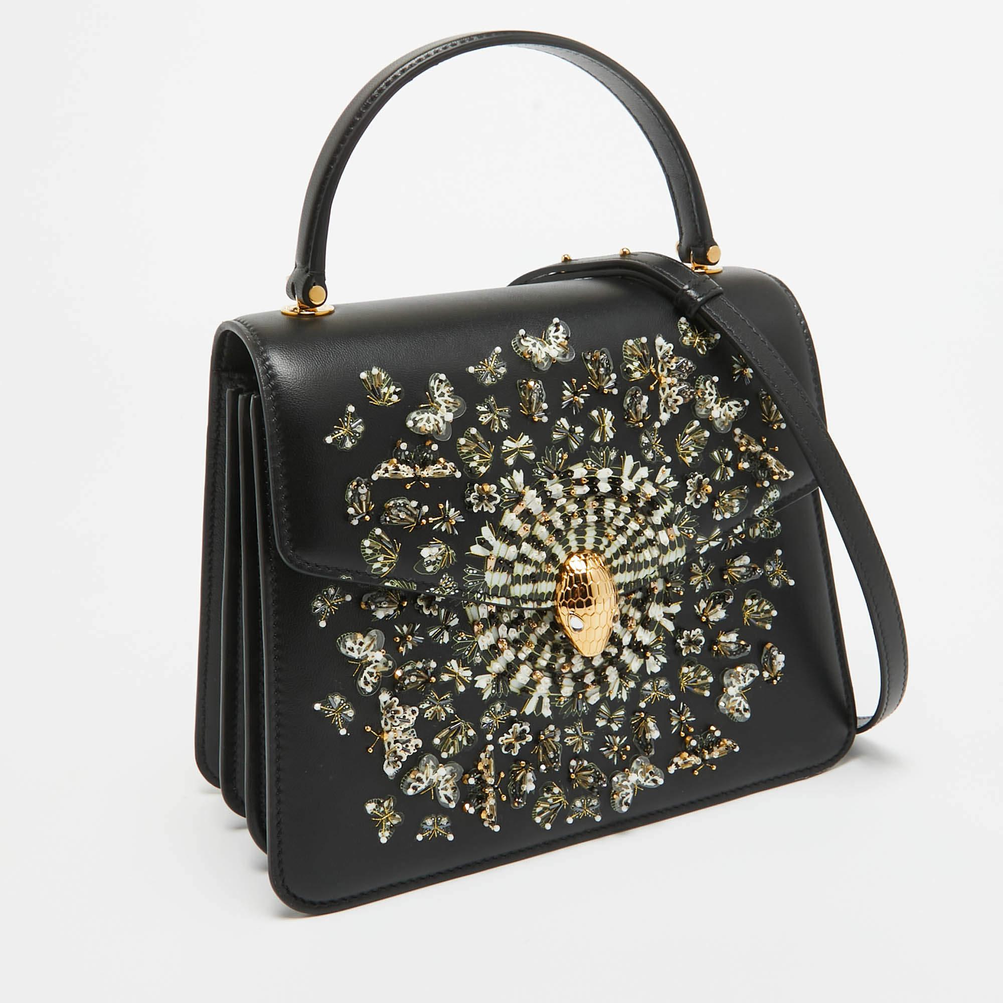 Bvlgari x Mary Katrantzou Black Leather Bejewelled Top Handle Bag In New Condition For Sale In Dubai, Al Qouz 2